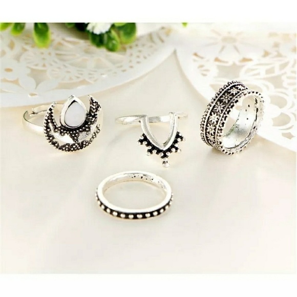 4pcs/Set Silver Boho Beach Midi Punk Ring Set - Picture 2 of 8